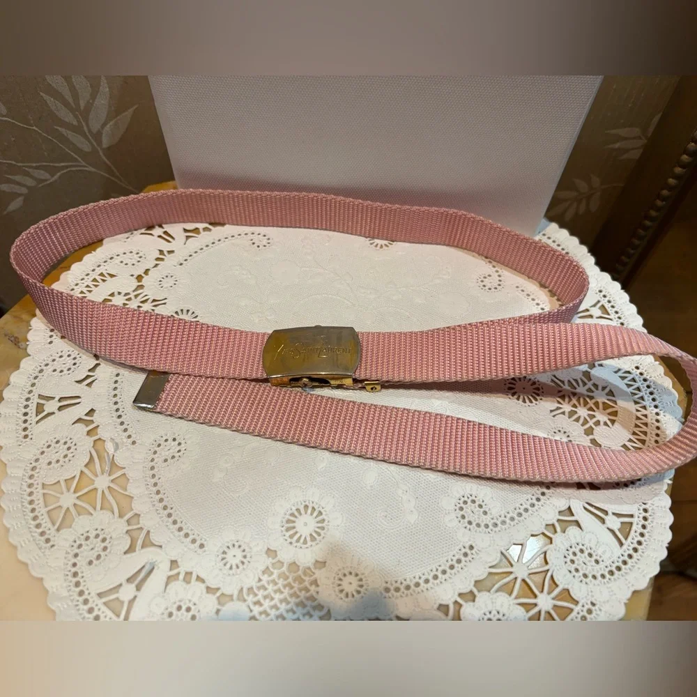 Yves Saint Laurent Vintage Gold Belt Buckle with Pink Woven Strap
